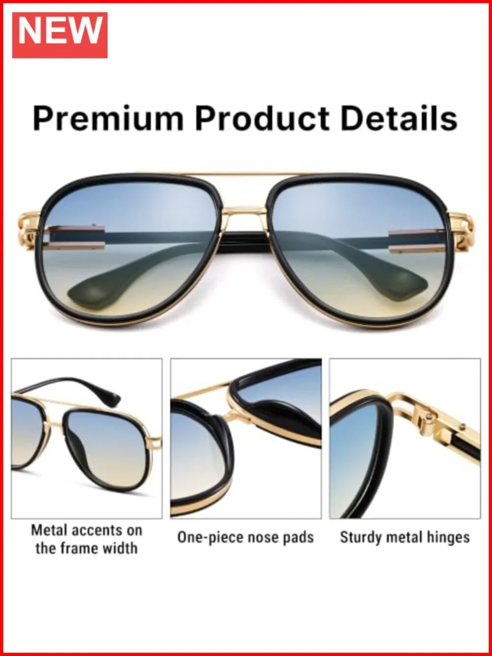 Oversized Aviator Sunglasses Double Bridge Metal Vintage Gradient Shades UV400
